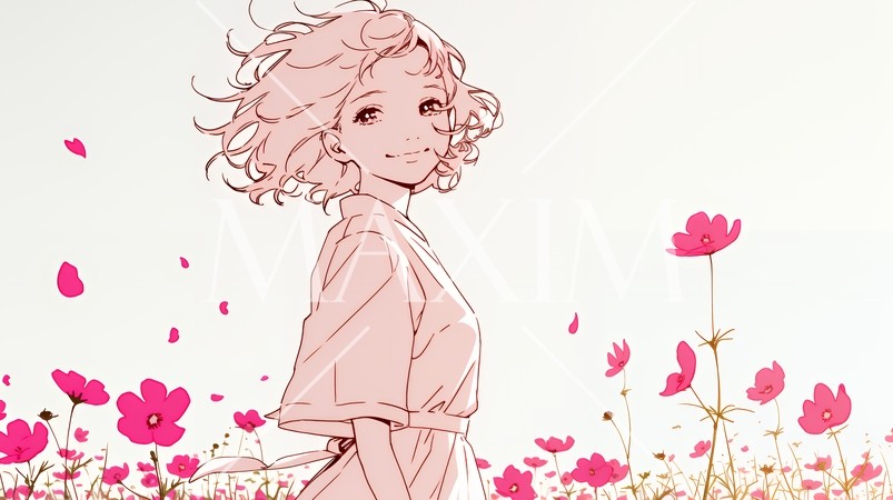 コスモス畑にいる若い女性（シンプルな色使い）