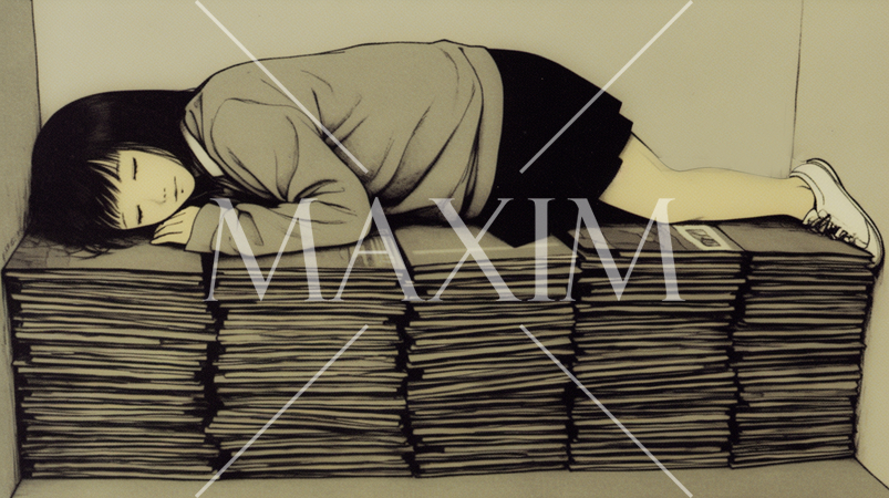 資料整理中に資料の山の上で眠ってしまった女子高生