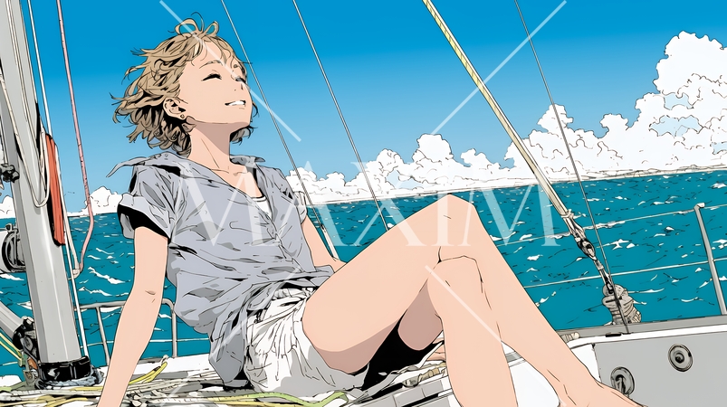 ヨットに乗っている若い女性