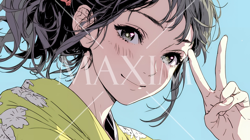 笑顔でピースサインを見せる若い女性