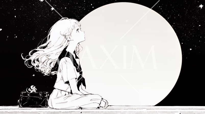 月見をしている若い女性（シンプルな色使い）