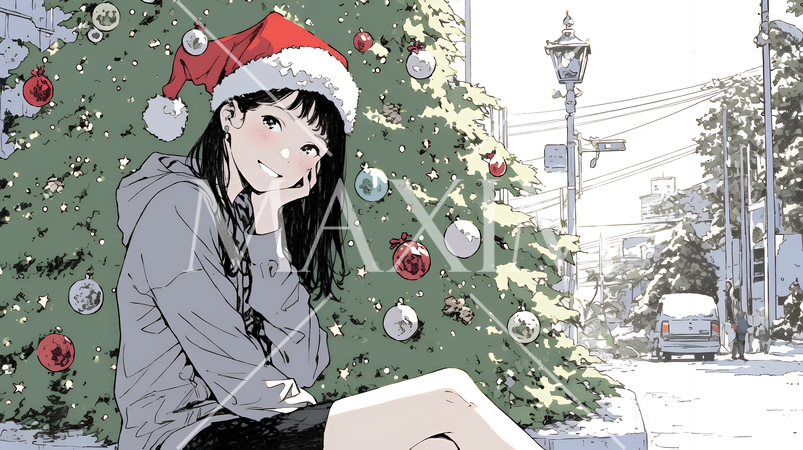 ホワイトクリスマスの街を歩く若い女性