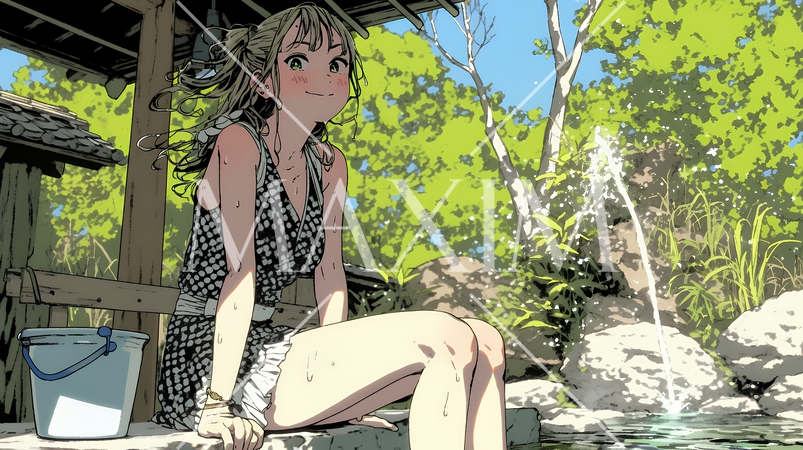 足湯に浸かっている若い女性