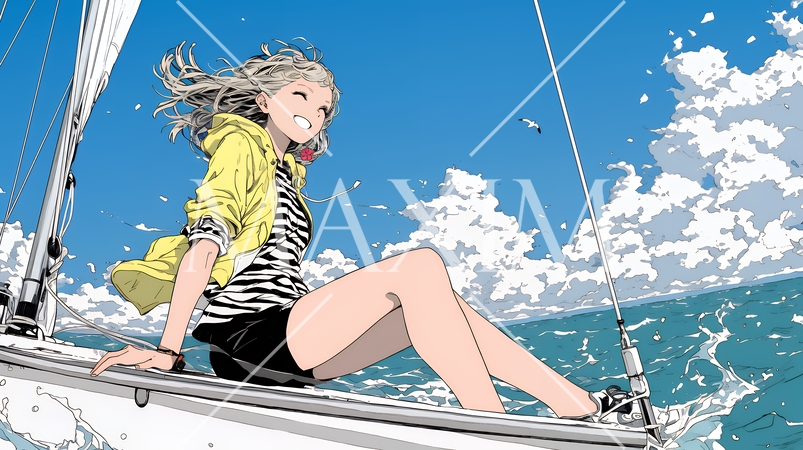 ヨットに乗っている若い女性