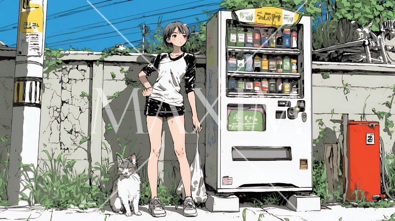 自動販売機で飲み物を購入する若い女性｜日常・ライフスタイル・屋外シーン