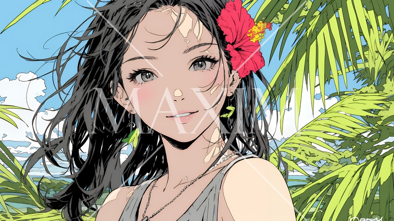 ハイビスカスと若い女性