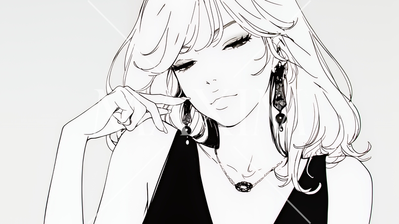 悪巧みをしている女性（シンプルな色使い）