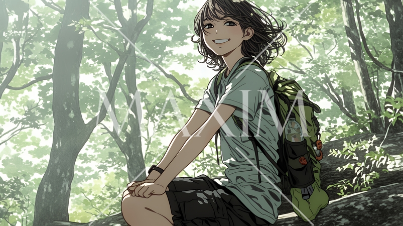 初夏の森でトレッキングを楽しむ若い女性｜新緑とアウトドアの爽やかなライフスタイル