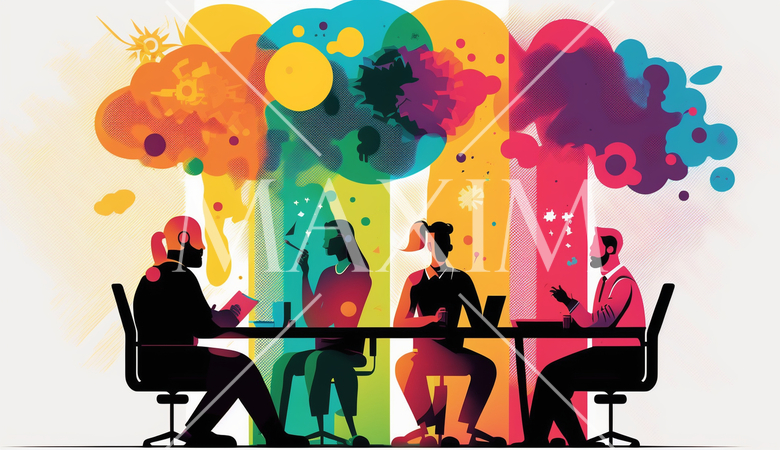 会議とブレインストーミング：人々が会議室で議論し、アイデアを出し合う場面。