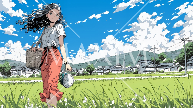 田んぼのあぜ道を歩いている女性