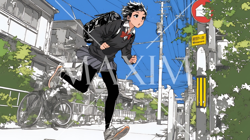 学校に遅れそうで道を急いでいる女子高生