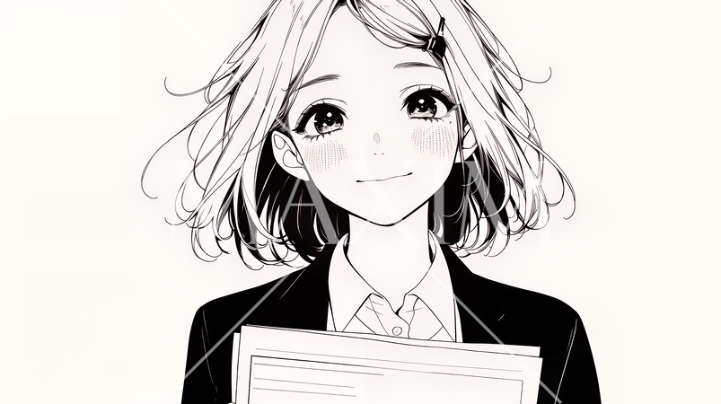 書類を確認するビジネスウーマン（シンプルな色使い）