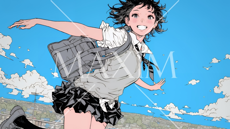 嬉しさのあまり飛び跳ねる制服姿の女子高生