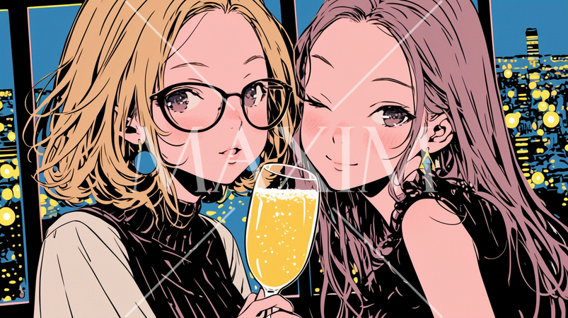 女子会：気の合う女友達が集まり、酒を交わし、おいしい食事をしながら、仕事の話や恋バナをしている