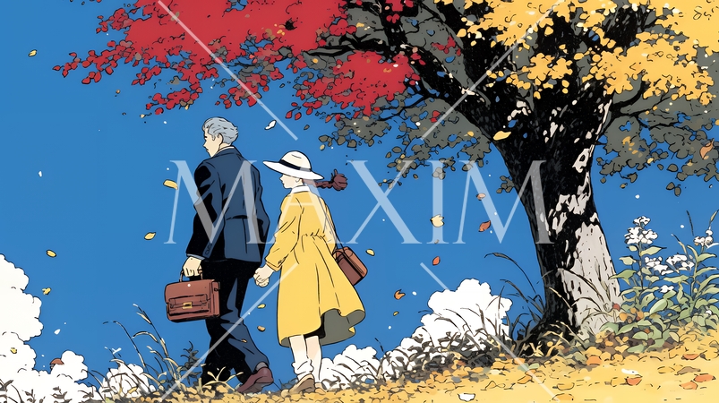 紅葉の小径を歩く若いカップル