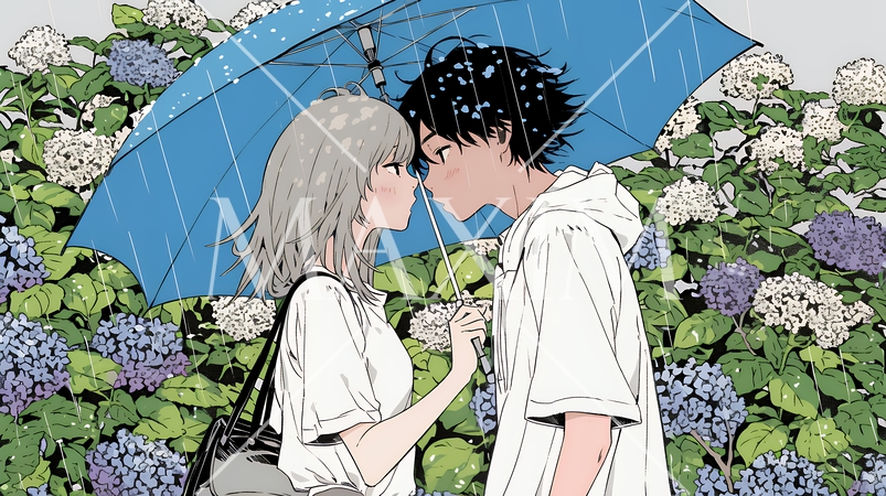 満開のあじさいの中を仲良く相合い傘で歩く若いカップル