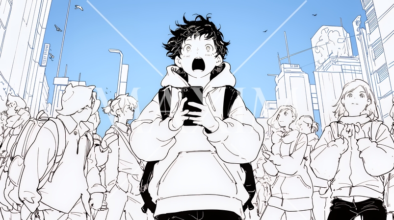 スマホの画面を見て驚いている若い男性（シンプルな色使い）