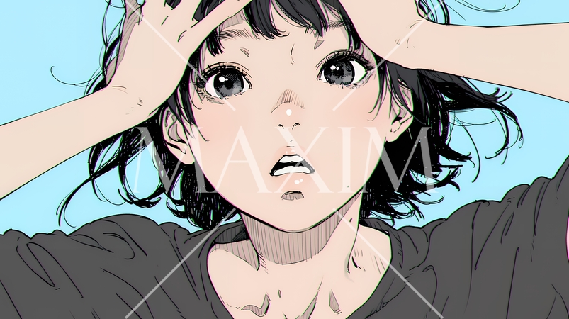 驚愕して息を呑み、目を見開いたまま口をぽかんとする若い女性