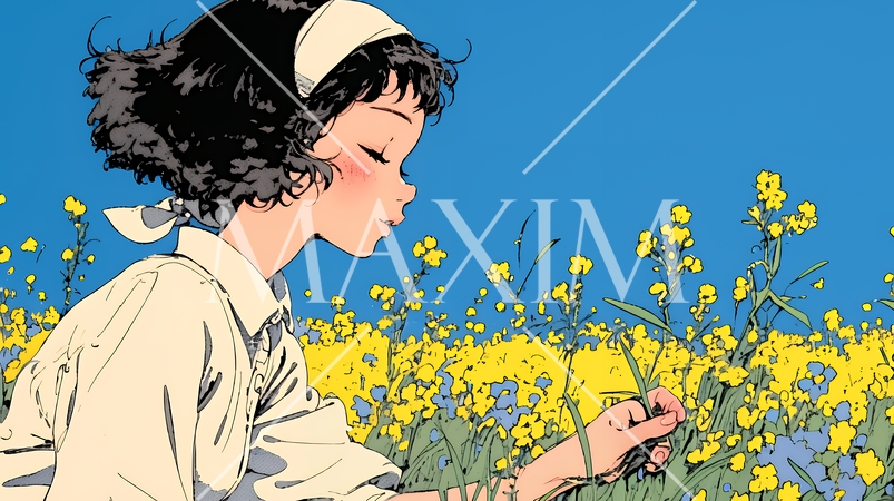 菜の花畑にいる若い女性