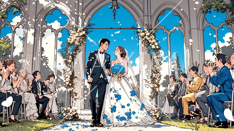 晴天の日のウェディングベルの鳴り響く中の結婚式