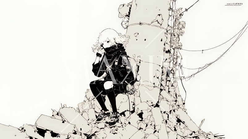 震災や空爆などで破壊された街で孤独に立ちすくむ若い女性（シンプルな色合い）