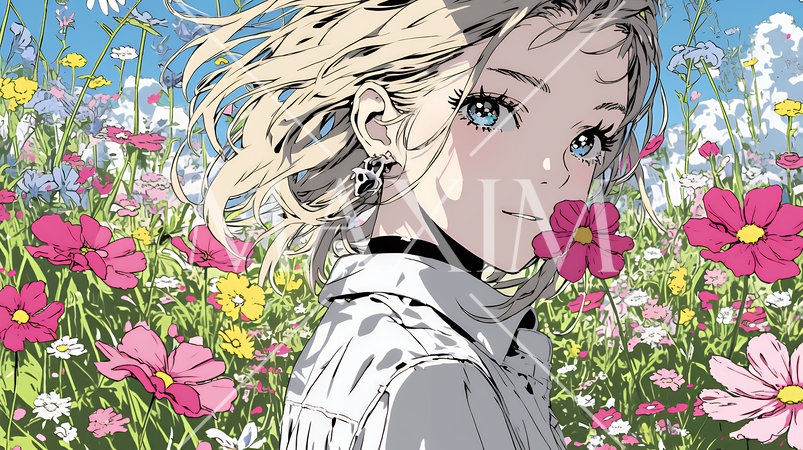 コスモス畑にいる若い女性