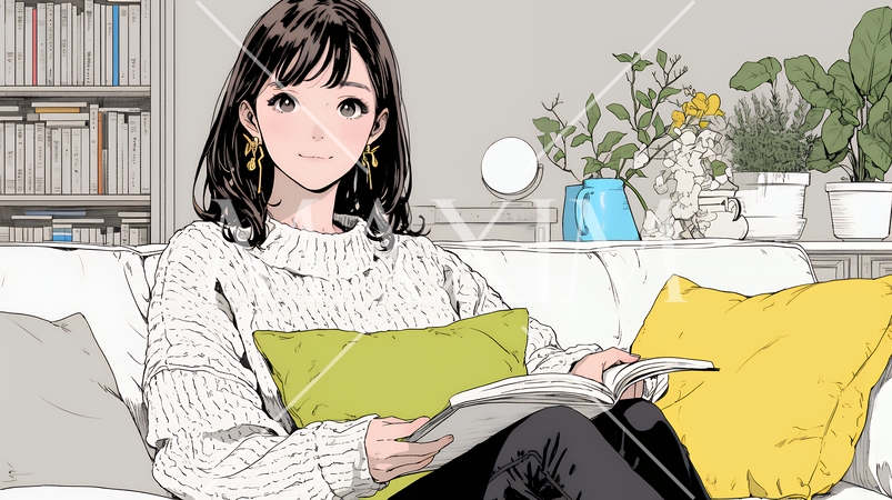 ソファでクッションを抱えてくつろぐ若い女性