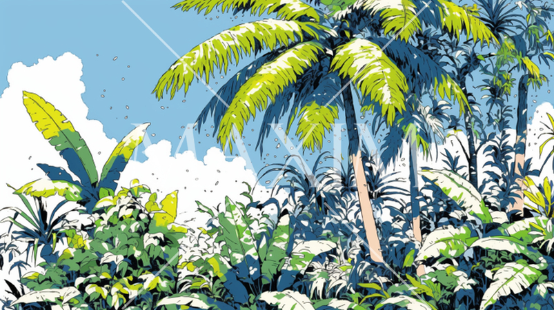 南国の庭と青い海と青い空と入道雲