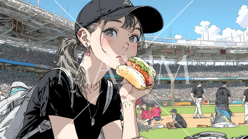 野球などの屋外スポーツを観戦しながら、ホットドッグを頬張る若い女性。