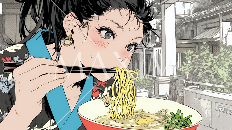 ラーメンを食べている若い女性