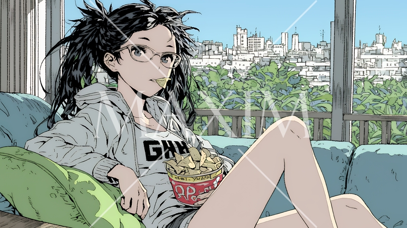 ポテトチップスをつまみながら、ひとりでビデオを観る若い女性