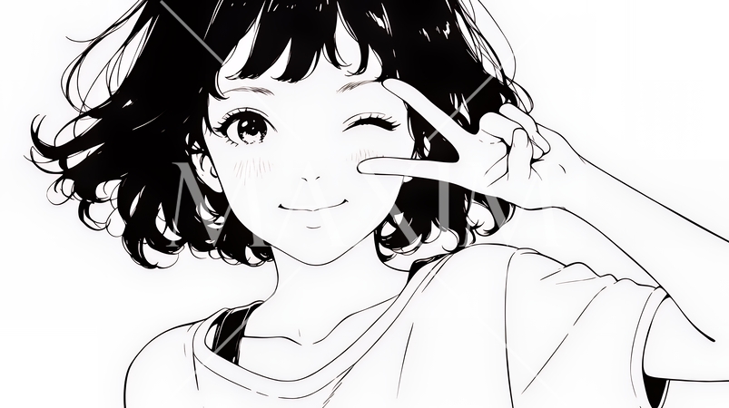 笑顔でピースサインを見せる若い女性（シンプルな色使い）