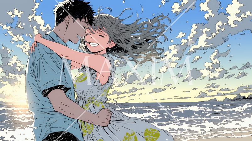 夕方の海辺でハグする（抱き合う）若い恋人たち