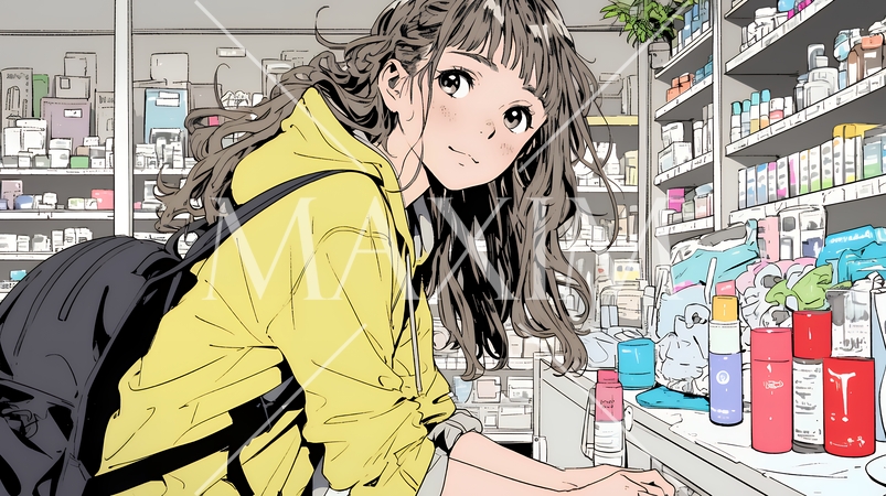 ドラッグストアでコスメを選ぶ若い女性