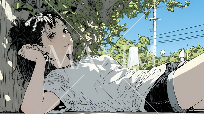 心地よさそうに地面に身を横たえる若い女性