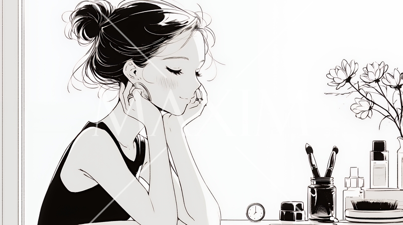 スキンケアを念入りに行う若い女性（シンプルな色使い）