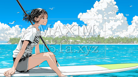 海でSUP（サップ）を楽しむ若い女性（ライフジャケットとリーシュコードの装着は必須だよ）｜爽やかなマリンスポーツ・夏のレジャーイラスト（イラストID:5465547-20475）