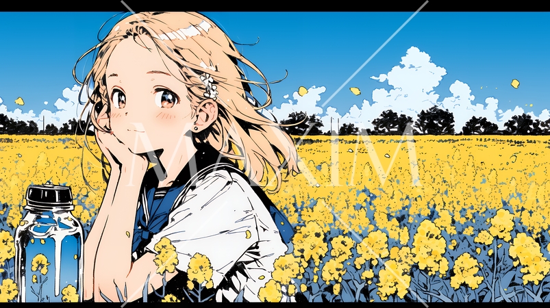 春風の中、菜の花畑にいる制服姿の女子高生