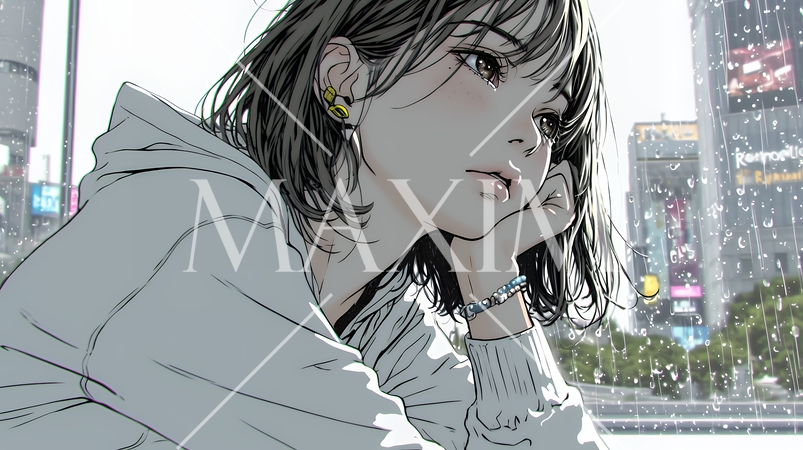 思案・反省・諦め? 窓から流れ落ちる雨粒を見つめる若い女性