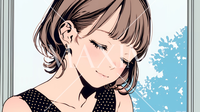 頬を赤らめて、照れ笑いする若い女性