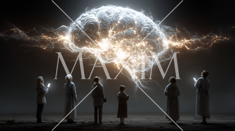 人々が抱く生成AIの抽象的なイメージ：人々が見上げる輝く脳がある