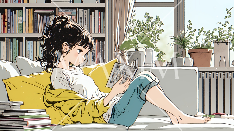 読書の秋：リビングルームで本を読んでいる若い女性