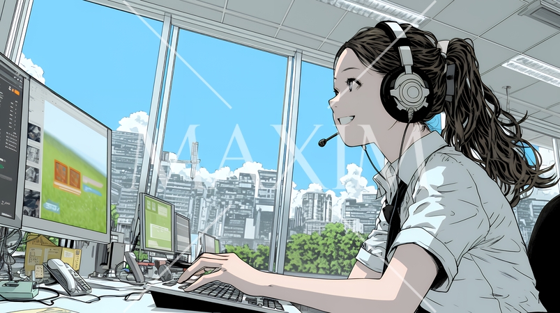 近代的なコールセンターのオフィスで働く女性オペレーター