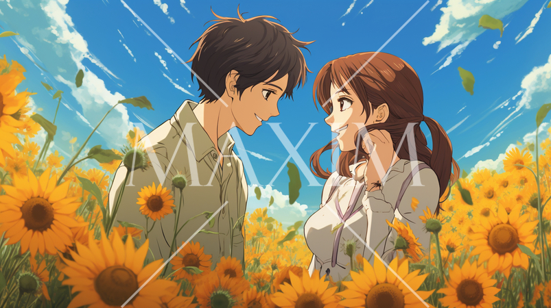 ひまわり畑の中で見つめ合う若い男女の恋人達