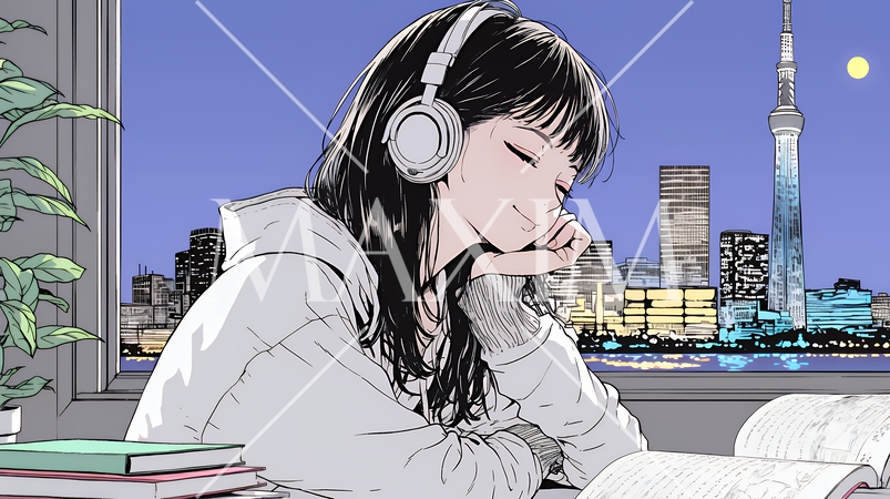 資料（本）を読みながら、うとうと眠ってしまう若い女性