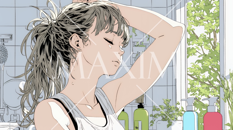 朝支度：洗面所で髪をまとめている若い女性