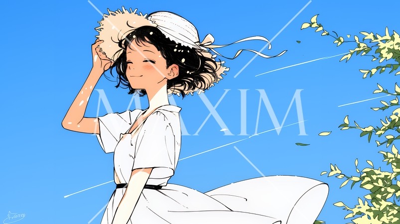 春風に飛ばされそうな帽子を、手で押さえる若い女性（シンプルな色使い）