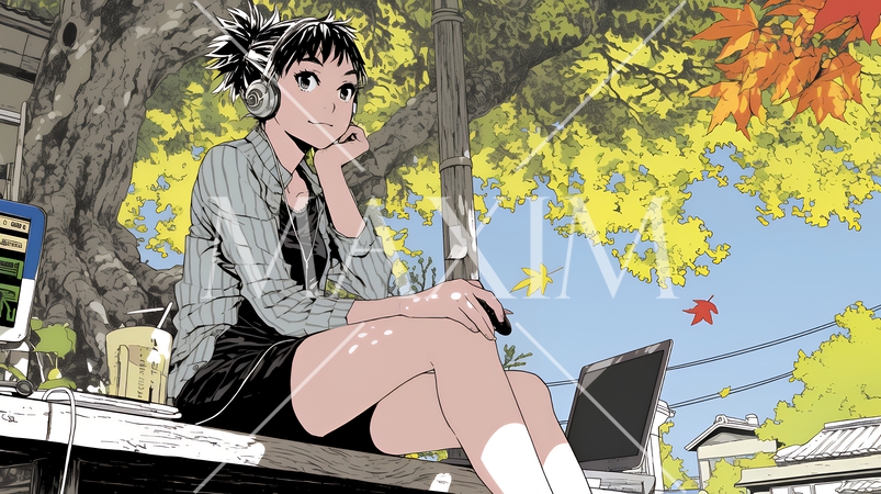 美しい紅葉の中でもPCを手放せない若い女性