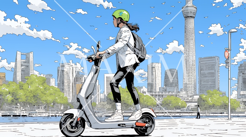 特定小型原付で都会を移動するビジネスパーソン