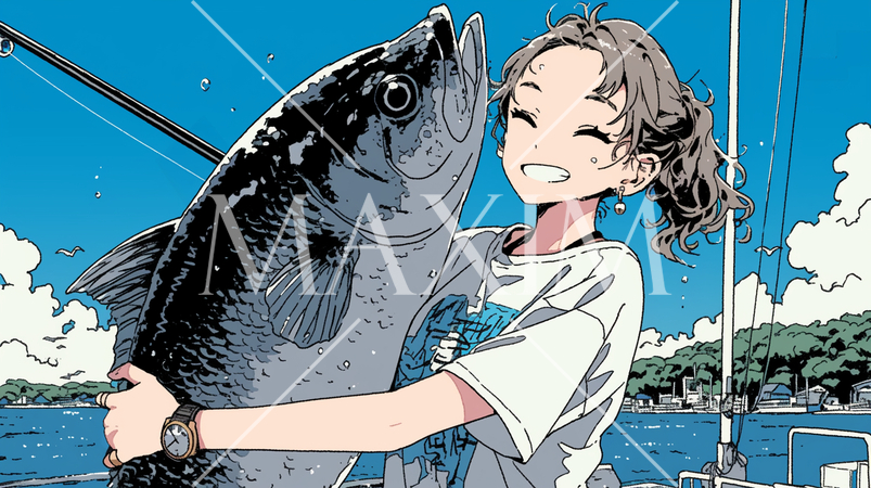 海釣りで大物を釣り上げた若い女性